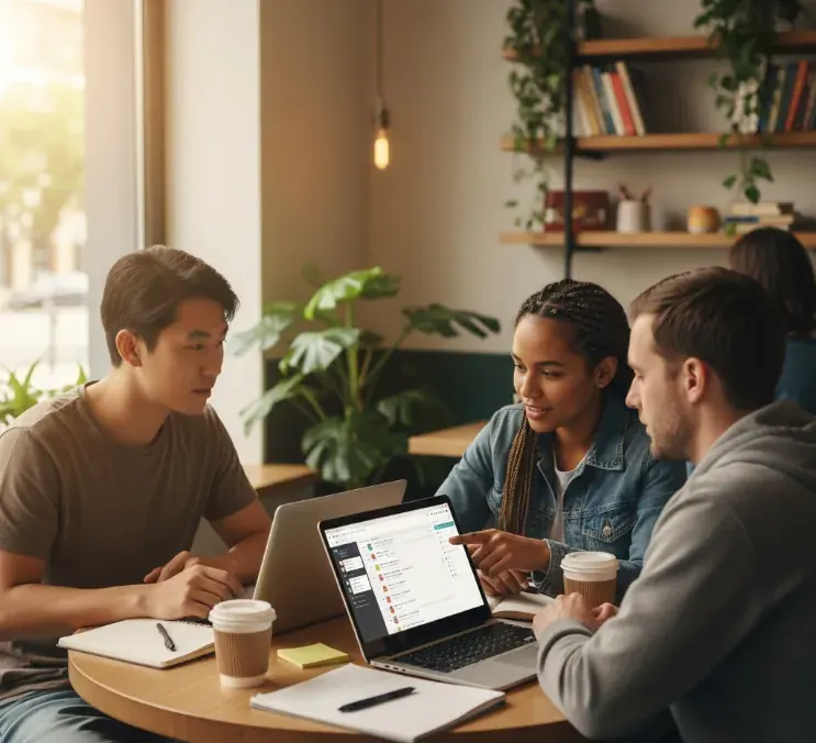 Três pessoas acompanhando tarefas em um notebook
