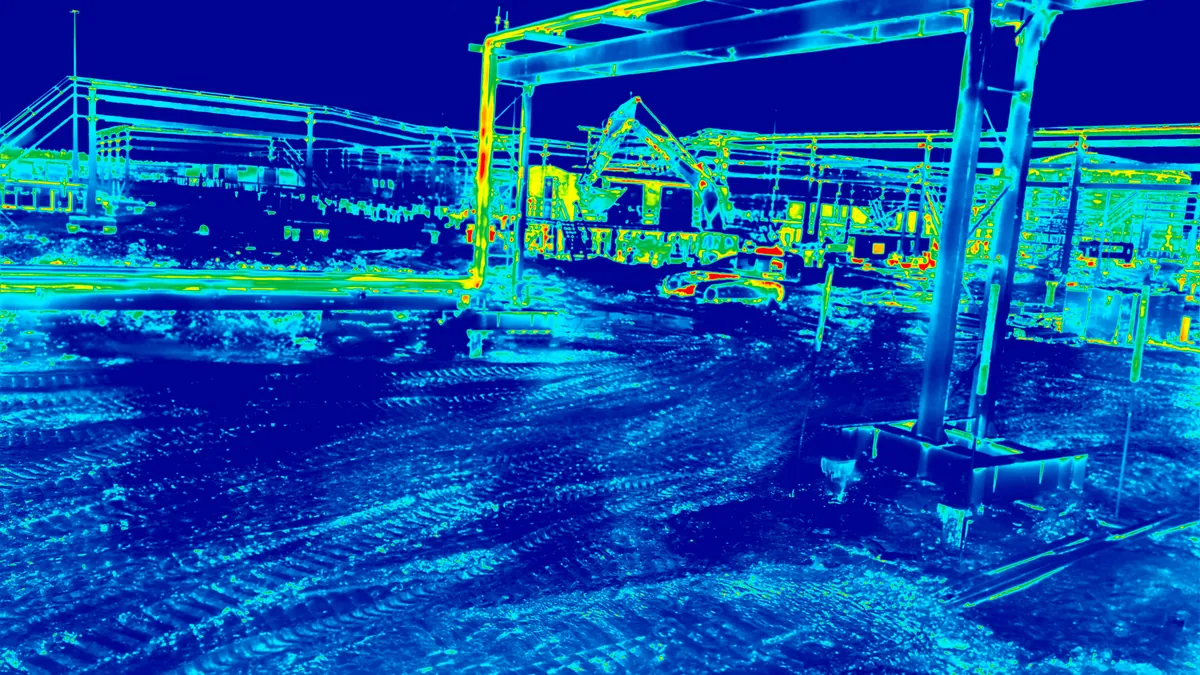 Termografia de estrutura industrial em tons de azul e verde